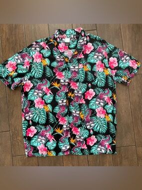 Marvel Venom Tongue‎ Graphic Men's XL Hawaiian Hibiscus Floral Dress Rayon Shirt